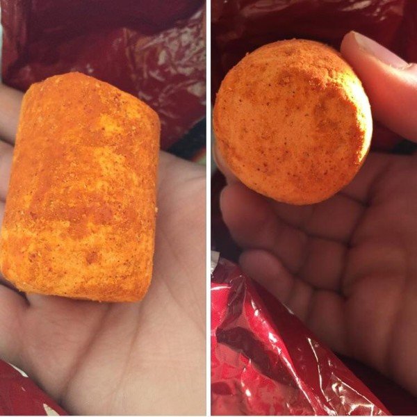 “My friend found a hard cylinder of cheese powder in her Doritos bag.”