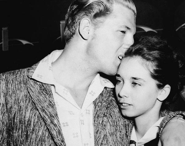 Jerry Lee Lewis married his 13-year-old cousin.
Technically, she was a first cousin, once removed (I don’t really know what that means), but she was severely underaged. So therein lies the scandal. He was 22 at the time and it was his third marriage.

It ended up ruining his career, but he somehow ended up avoiding jail and even managed a tiny comeback before fading away.
