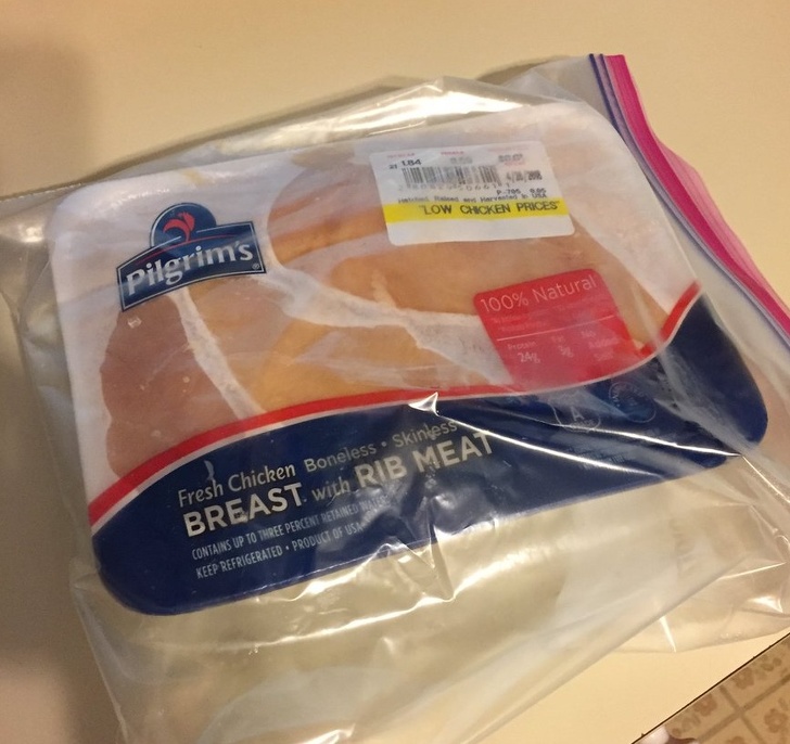 “My husband was unloading groceries the other day & asked if the chicken could go in the freezer. I said yes just separate it into Ziplocs (it’s easier to thaw the exact amount we need for a meal). Just looked in the freezer this morning & both packages are like this... ah, the male brain...”