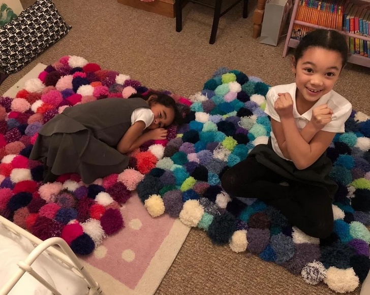 “My mom made my girls one Pom-Pom rug each. They took 80 hours, 320 Pom-Poms, and she let them choose their favorite colors. Just missed Christmas, but they are ecstatic nevertheless.”