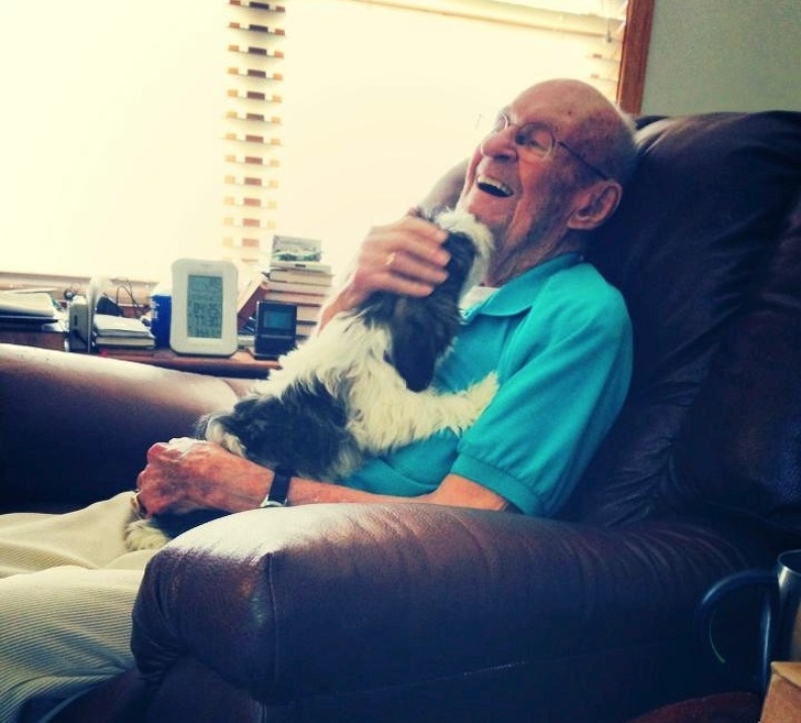 “Here’s another shot of my 101-year-old grandfather with our new puppy! This is pure joy if I’ve ever seen it!”