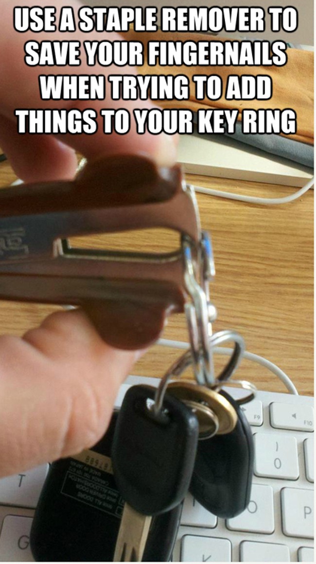 useful tips and tricks - Use A Staple Remover To Save Your Fingernails When Trying To Add Things To Your Key Ring