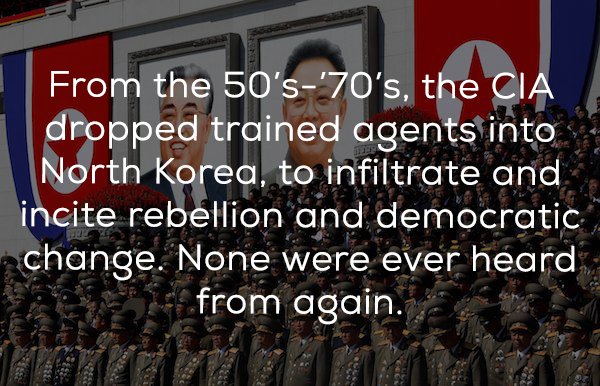 electrical and electronics engineering - From the 50's"70's, the Cia dropped trained agents into North Korea, to infiltrate and incite rebellion and democratic change. None were ever heard from again.