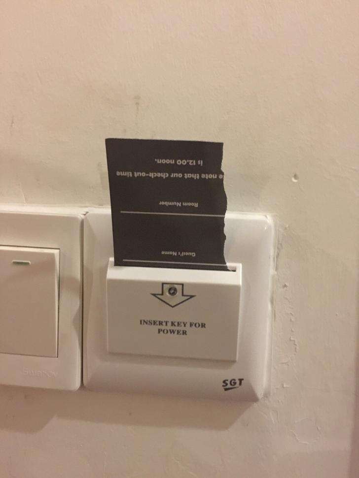 Cheat the hotel power switches that force you to put your room key in the slot by putting a piece of paper or another card in. It works.