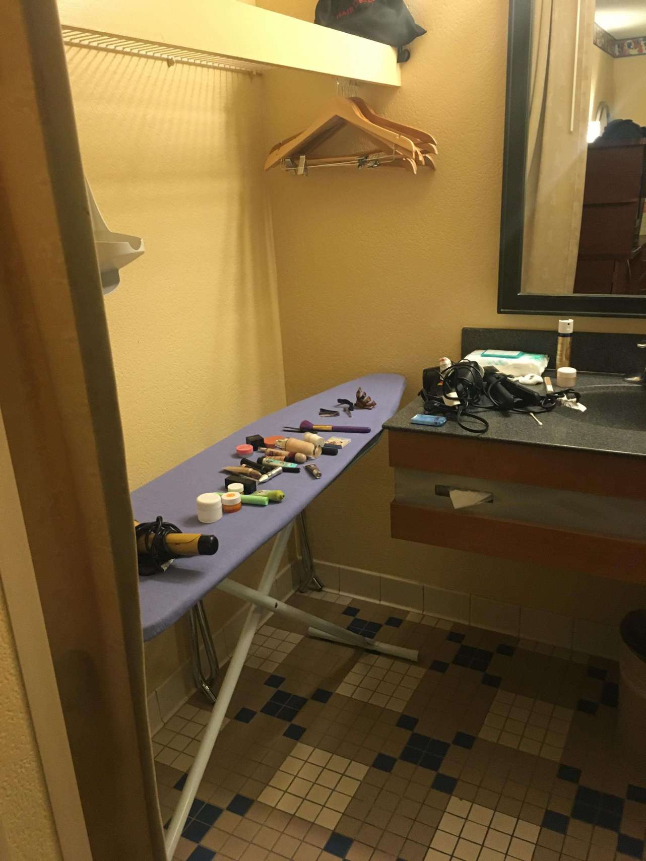 There’s never enough counter space at hotels, so use the iron as a place to spread your shit out.