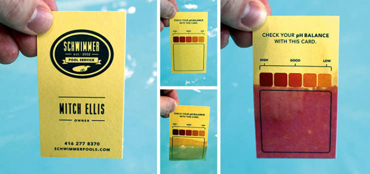 Schwimmer Pool Service Business Card Printed On Special pH Paper. Prospective Clients Can Dip The Card Into Their Swimming Pool To Test pH Balance Level