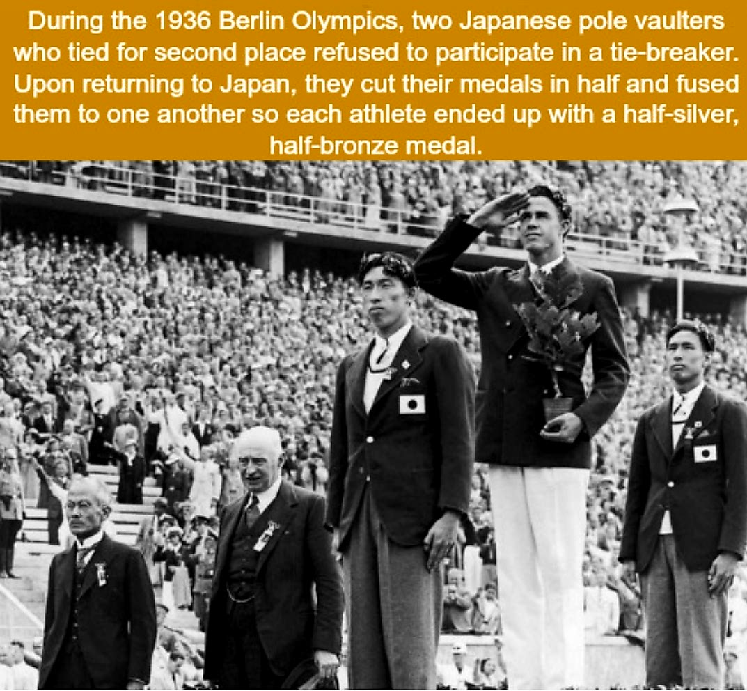 medal of eternal friendship - During the 1936 Berlin Olympics, two Japanese pole vaulters who tied for second place refused to participate in a tiebreaker. Upon returning to Japan, they cut their medals in half and fused them to one another so each athlet