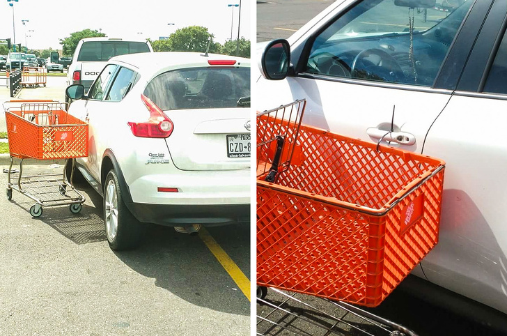 shopping cart zip tied to car