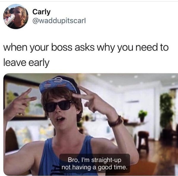 bro i m straight up not having a good time meme - Carly carta didupitscari when your boss asks why you need to leave early Bro, I'm straightup not having a good time.