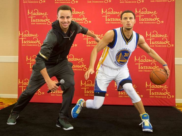 Golden State Warriors' Stephen Curry matched the pose of his wax figure made by Madame Tussauds San Francisco.