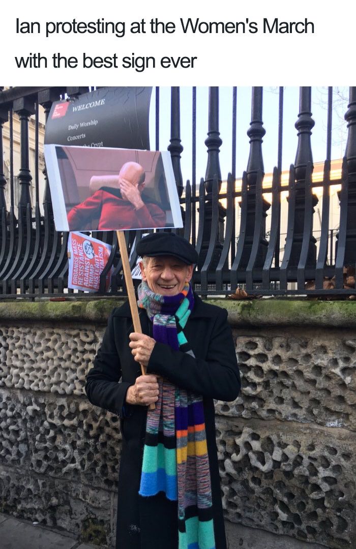 memes - ian mckellen women's march - lan protesting at the Women's March with the best sign ever Welcome Dolly Worship Concerts Cynt Organise Ce Dness Abstealism TR111