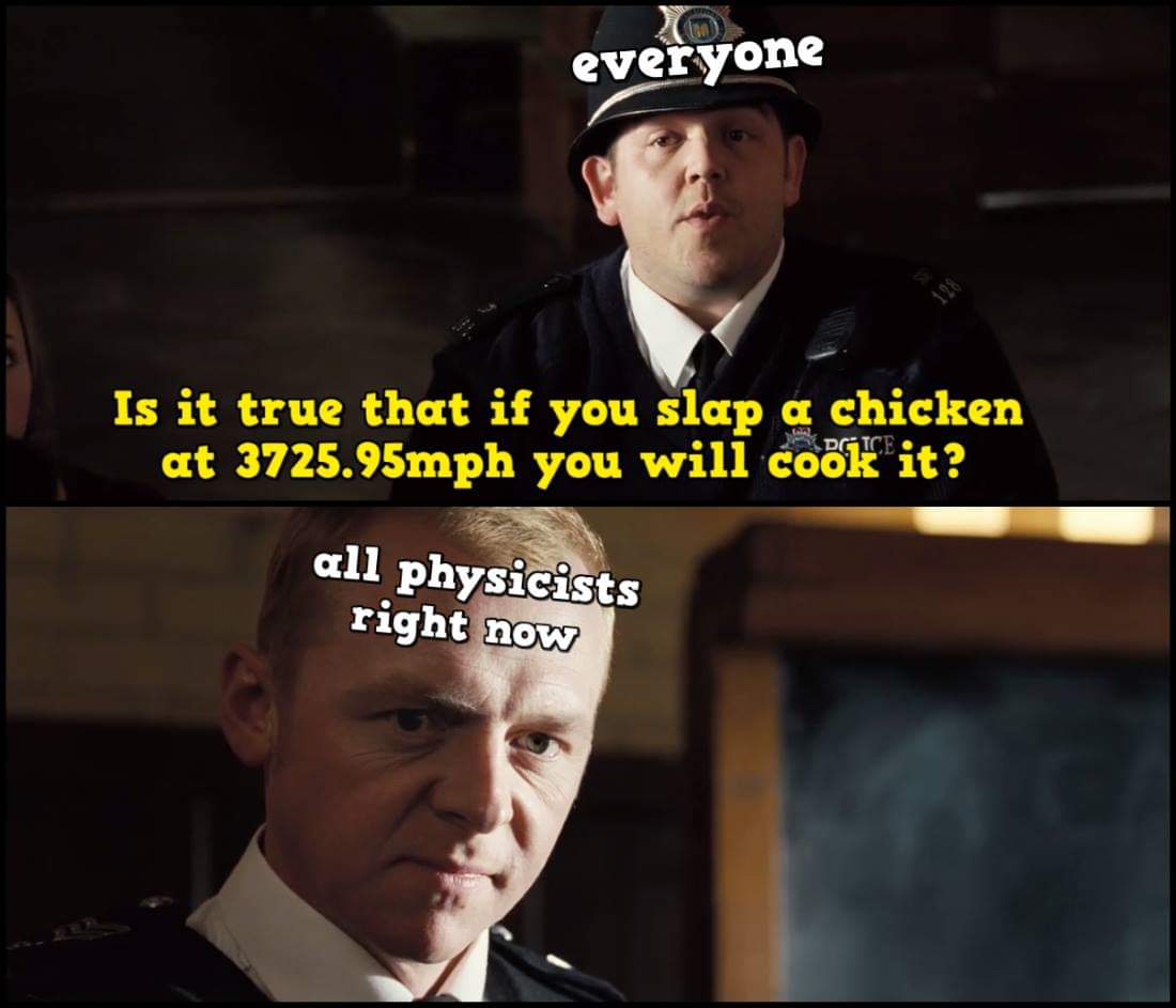 memes - 3725.95 mph slap - everyone Is it true that if you slap a chicken at 3725.95mph you will cook it? all physicists right now