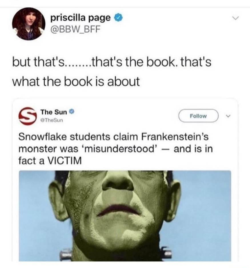 memes - frankenstein mary shelley - priscilla page but that's........that's the book. that's what the book is about The Sun The Sun Snowflake students claim Frankenstein's monster was 'misunderstood' and is in fact a Victim