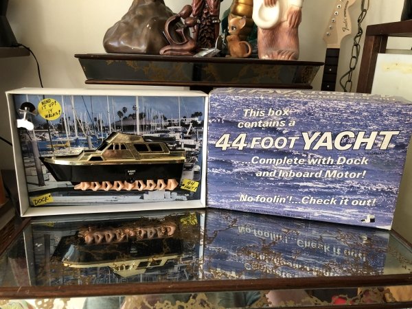thrift store This box contains a 44 Foot Yacht ..Complete with Dock and Inboard Motor! Ddddddd No foolin'....Check it out! . ats