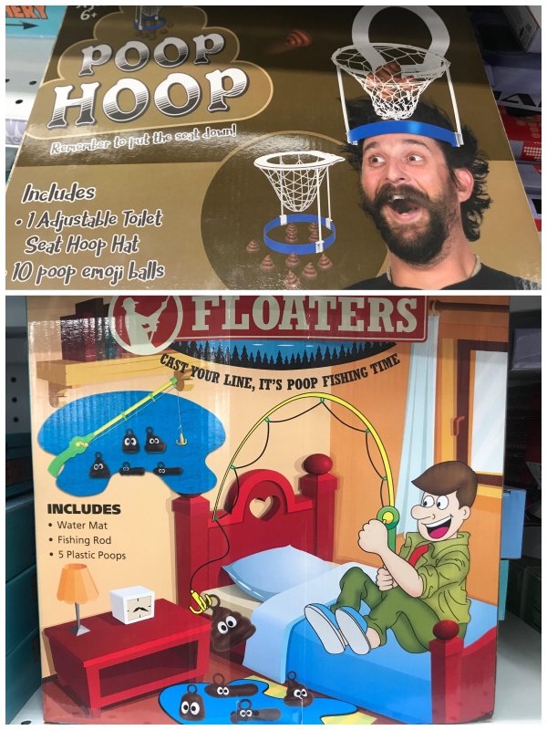 thrift store cartoon - Hoop Rementer to at the sot douar! Includes ol Adjustable Toilet Seat Hoop Hat 10 poop emo balls Floaters Cast Your Line Ur Line, It'S Poop Fishin P Fishing Time 000 Includes Water Mat .Fishing Rod 5 Plastic Poops 00