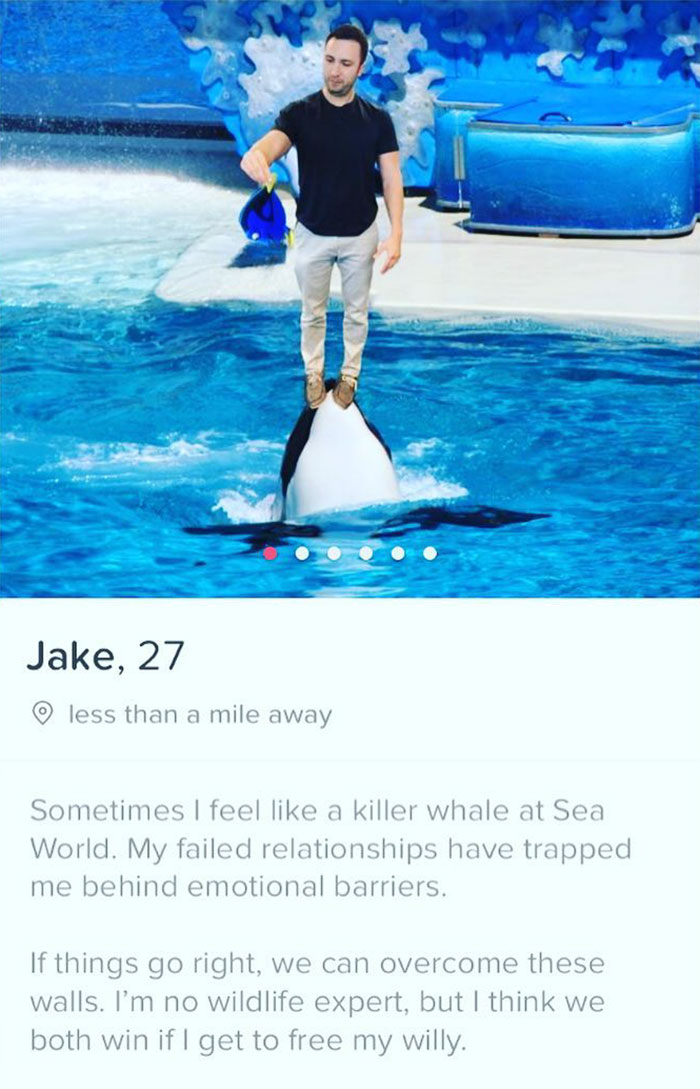 tinder - orca show sea world - Jake, 27 less than a mile away Sometimes I feel a killer whale at Sea World. My failed relationships have trapped me behind emotional barriers. If things go right, we can overcome these walls. I'm no wildlife expert, but I t