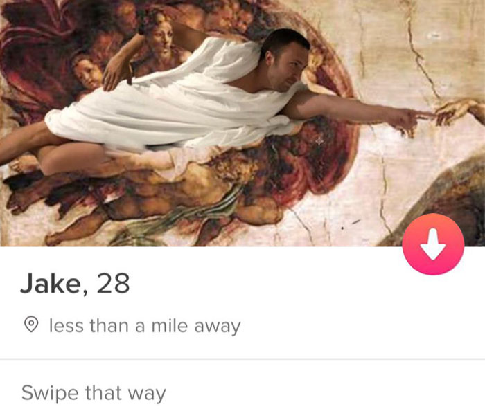 tinder - photo caption - Jake, 28 less than a mile away Swipe that way