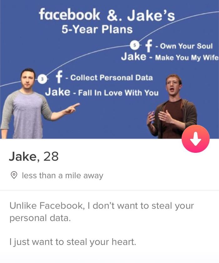 tinder - facebook - facebook &. Jake's 5Year Plans of Own Your Soul Jake Make You My Wife Collect Personal Data Jake Fall In Love With You Jake, 28 less than a mile away Un Facebook, I don't want to steal your personal data. I just want to steal your hear