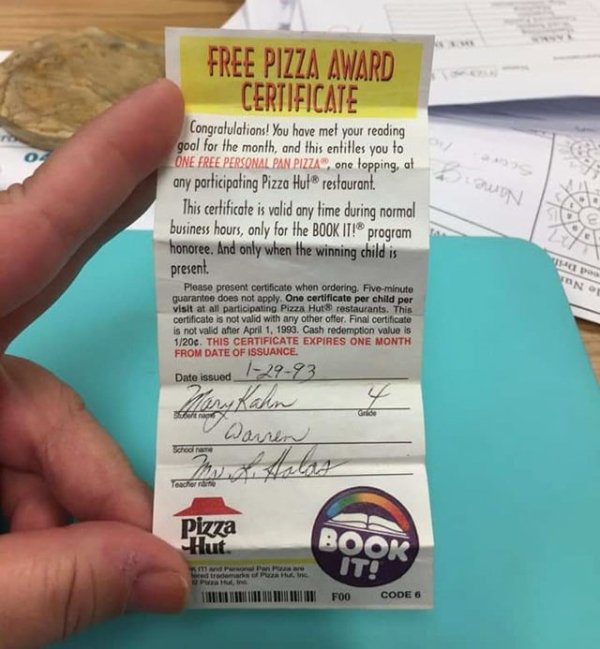 book it pizza hut - Free Pizza Award Certificate Congratulations! You have met your reading goal for the month, and this entitles you to One Free Personal Pan Pizza, one topping, at any participating Pizza Hut restaurant. This certificate is valid any tim