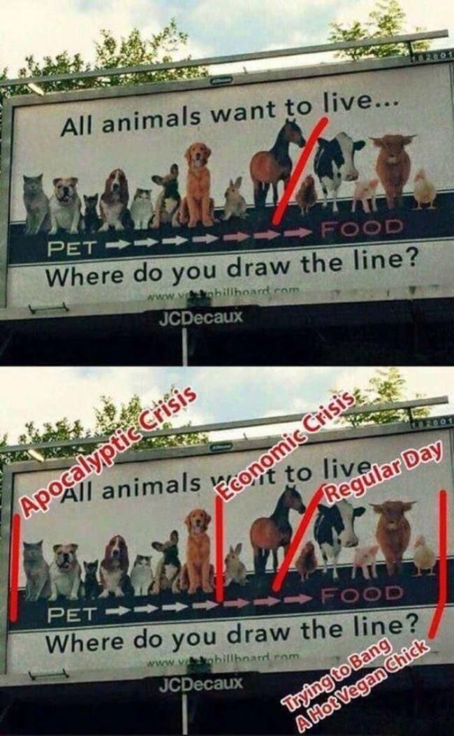 memes - do you draw the line meme - All animals want to live... Tc Food Pet Where do you draw the line? www. phillhoard com JCDecaux 2001 cont to live ar Day Ap All animals Economic Crisis Regular Day Apocalyptic Crisis Food Pet Where do you draw the line