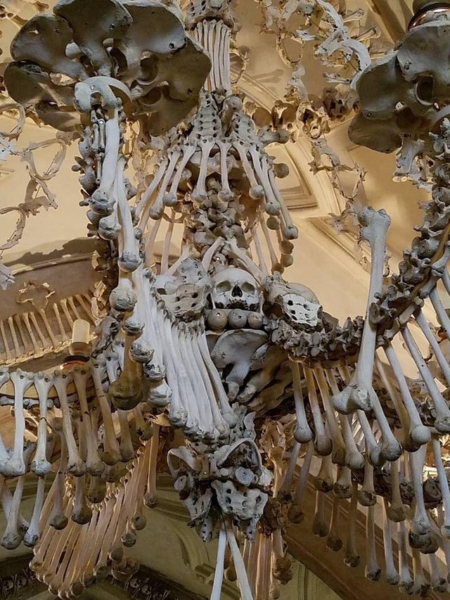 The grand chandelier in the Bone Church at Kutna Hora outside Prague in the Czech Republic.