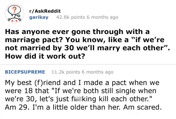 memes - document - rAskReddit garikay points 6 months ago Has anyone ever gone through with a marriage pact? You know, a "if we're not married by 30 we'll marry each other". How did it work out? Bicepsupreme points 6 months ago My best friend and I made a