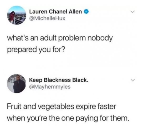 memes - diagram - Lauren Chanel Allen Hux what's an adult problem nobody prepared you for? Keep Blackness Black. Fruit and vegetables expire faster when you're the one paying for them.