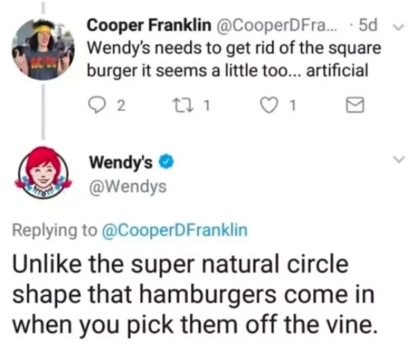 memes - wendy's roasts - Cooper Franklin ... .5d Wendy's needs to get rid of the square burger it seems a little too... artificial 22 221 1 Wendy's Un the super natural circle shape that hamburgers come in when you pick them off the vine.