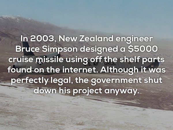 water resources - In 2003, New Zealand engineer Bruce Simpson designed a $5000 cruise missile using off the shelf parts found on the internet. Although it was perfectly legal, the government shut down his project anyway.
