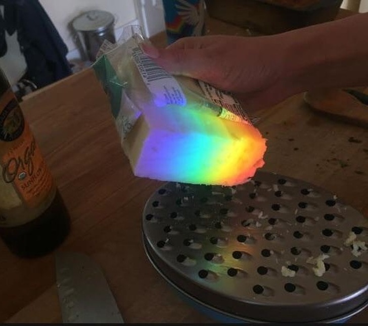 The lights from the window made this block of cheese even cheesier with this rainbow effect.