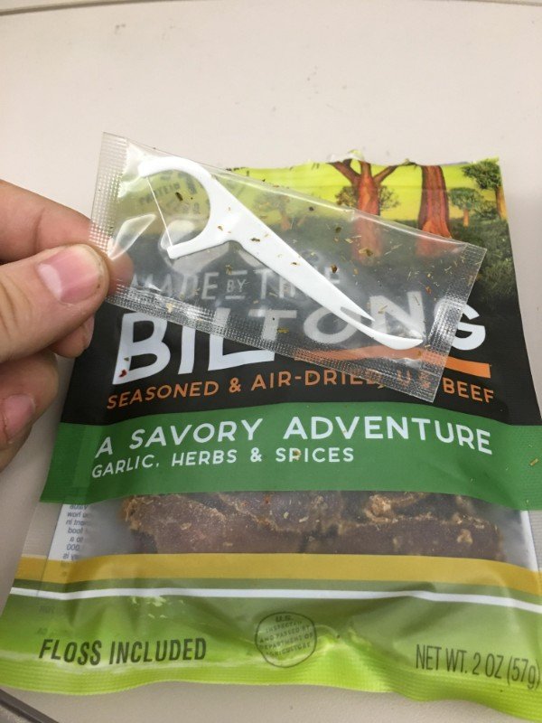 My package of beef jerky also had some complimentary dental floss included.