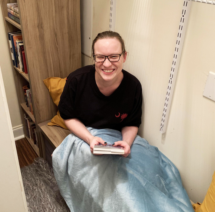 “I converted an unused closet in my house into the reading nook I’ve been dreaming about for years. I feel like the smile is going to pop off of my face.”