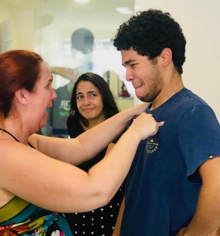 This is Gabriel Nobre, 19, with his mom and sister right after he found out he’d passed Brazil’s famously difficult university entrance exam. This young man had cut a deal with a prep course to clean their building in exchange for free classes to help him prepare for the exam.