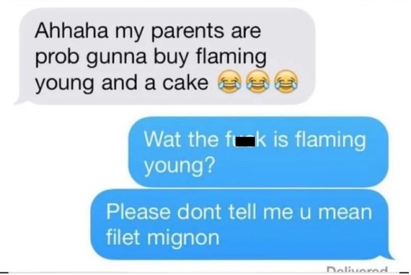 flaming young - Ahhaha my parents are prob gunna buy flaming young and a cake Wat the fok is flaming young? Please dont tell me u mean filet mignon Delivered