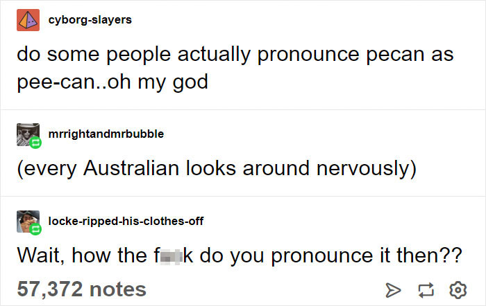 famous hats - cyborgslayers do some people actually pronounce pecan as peecan..oh my god mrrightandmrbubble every Australian looks around nervously lockerippedhisclothesoff Wait, how the feuk do you pronounce it then?? 57,372 notes