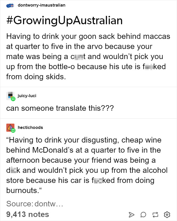australian slang sentences - dontworryimaustralian Having to drink your goon sack behind maccas at quarter to five in the arvo because your mate was being a cunt and wouldn't pick you up from the bottleo because his ute is f ked from doing skids. juicyluc