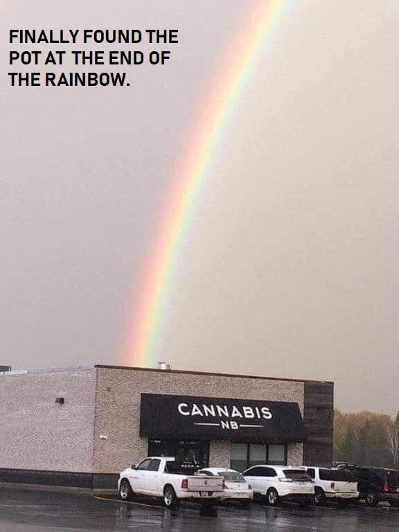 meme of a rainbow above a cannabis store