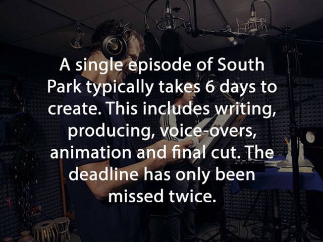 darkness - A single episode of South Park typically takes 6 days to create. This includes writing, producing, voiceovers, animation and final cut. The deadline has only been missed twice.