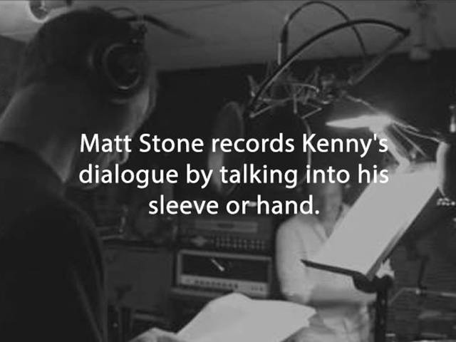 monochrome photography - Matt Stone records Kenny's dialogue by talking into his sleeve or hand.