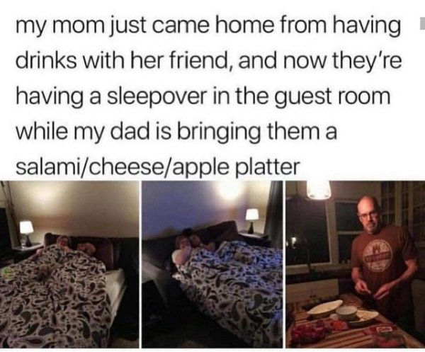 mom best friend sleepover - my mom just came home from having drinks with her friend, and now they're having a sleepover in the guest room while my dad is bringing them a salamicheeseapple platter