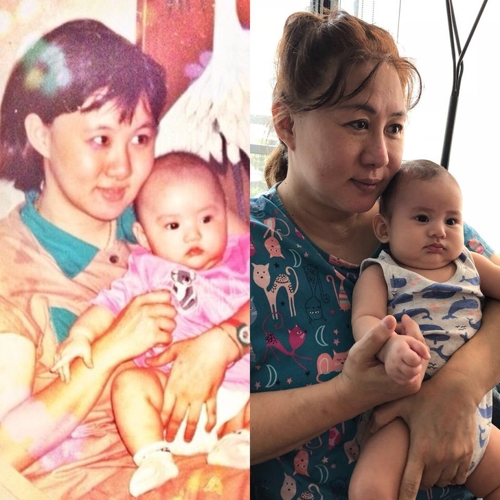 “My mom and my sister (circa 1989) and today as a first-time grandma with my sister’s first child”