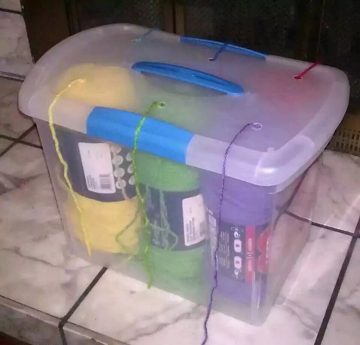 Organize your yarn once and for all. This one is for those with a passion for knitting. To keep your yarn from getting tangled or unraveling too fast, drill a few tiny holes in the top of an old plastic container and turn it into your very own yarn holder.