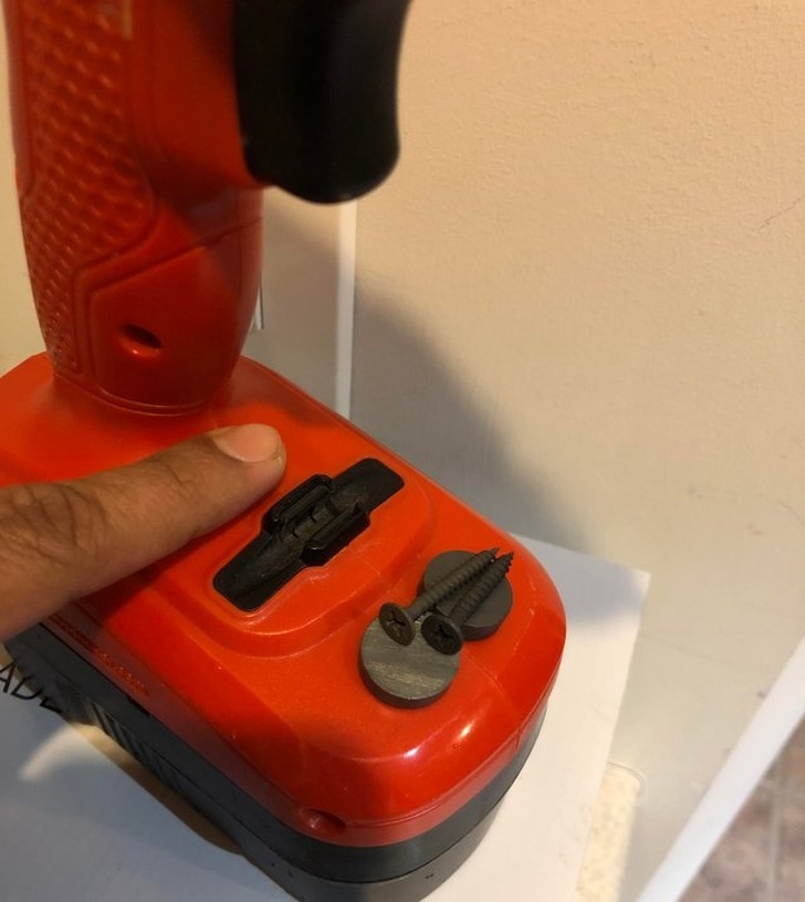 Keep your nails on your drill. Scrambling to look for nails when in the middle of a construction project is the last thing we want to be doing. Thankfully, this ingenious trick of hot gluing a magnet on your drill lets you keep your nails even closer than an arm’s reach.