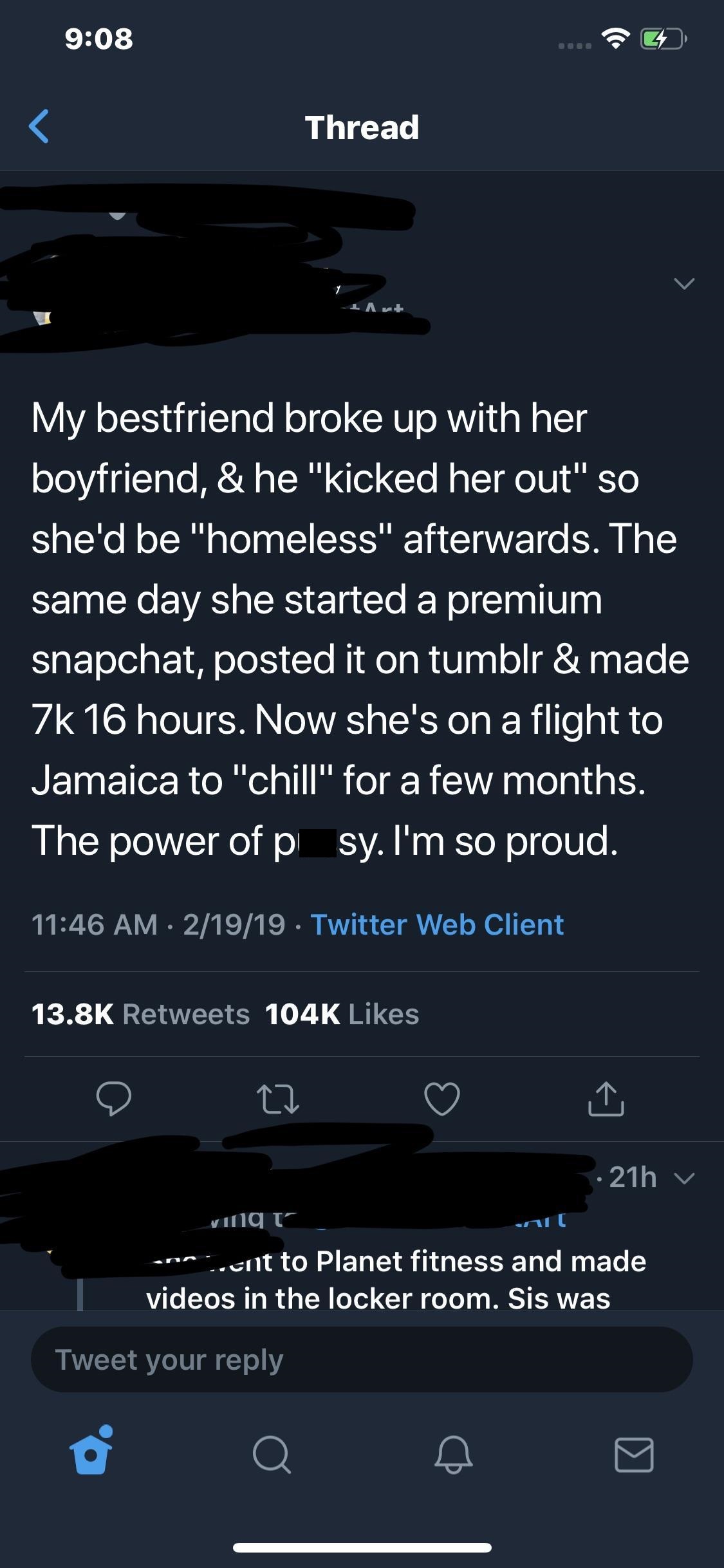 screenshot - Thread My bestfriend broke up with her boyfriend, & he "kicked her out" so she'd be "homeless" afterwards. The same day she started a premium snapchat, posted it on tumblr & made 7k 16 hours. Now she's on a flight to Jamaica to "chill" for a 