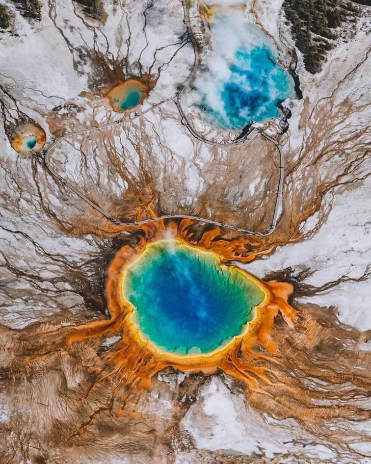 “An aerial image of the Grand Prismatic Spring in Yellowstone National Park”