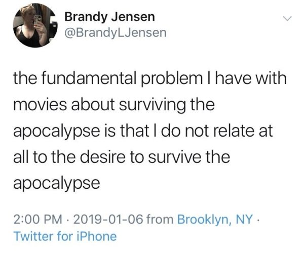 adam and eve theory - Brandy Jensen the fundamental problem I have with movies about surviving the apocalypse is that I do not relate at all to the desire to survive the apocalypse from Brooklyn, Ny. Twitter for iPhone