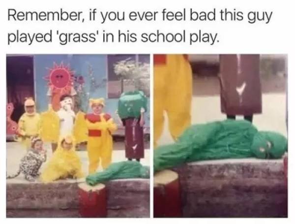 kid is grass in play - Remember, if you ever feel bad this guy played 'grass' in his school play.