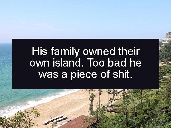 piece of cake idiom - His family owned their own island. Too bad he was a piece of shit.