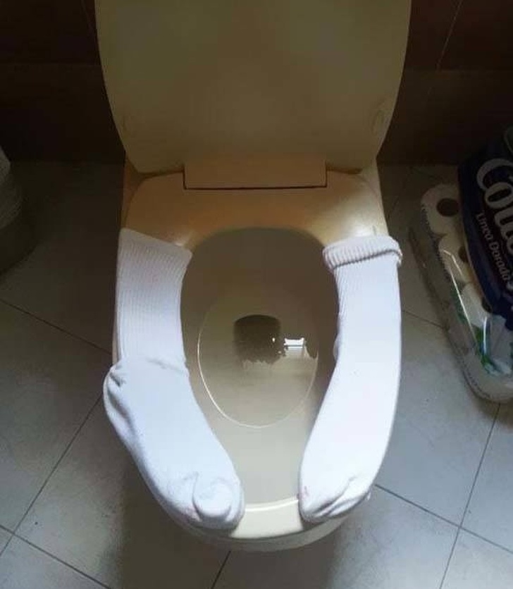 A handy toilet seat warmer can be found in dad’s closet.