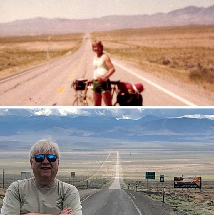 “My dad biked across the US in 1979. He revisited Route 50 in Nevada to take a new pic.”